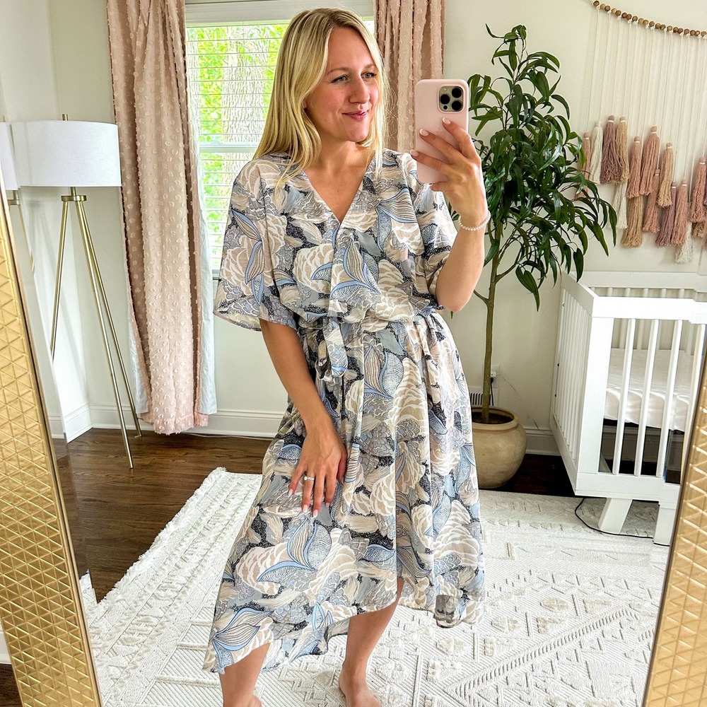 Quiz Clothing Short Sleeve V-Neck Printed Wrap Midi Dress Gray Blue